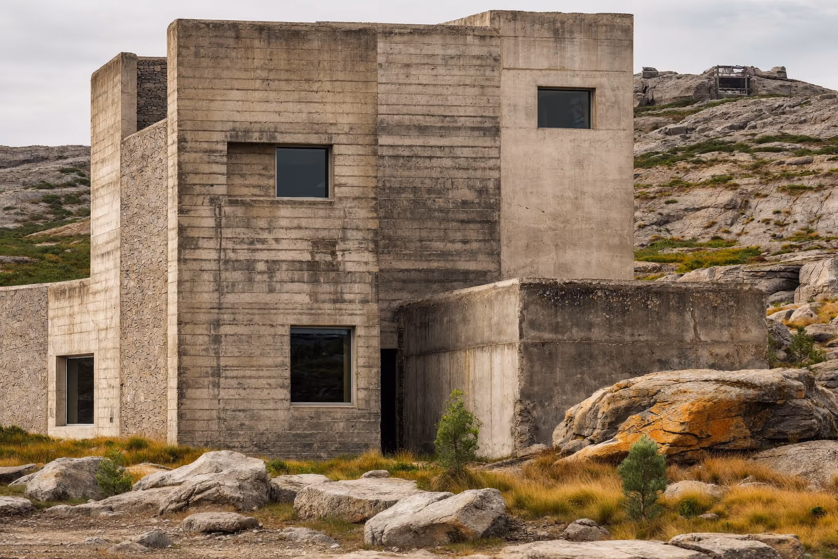 Bâtiment cubique en béton brut aux banches horizontales apparentes, composé de volumes décalés, posé sur un affleurement rocheux gris. Quelques arbustes et herbes sèches au premier plan. Ciel couvert.