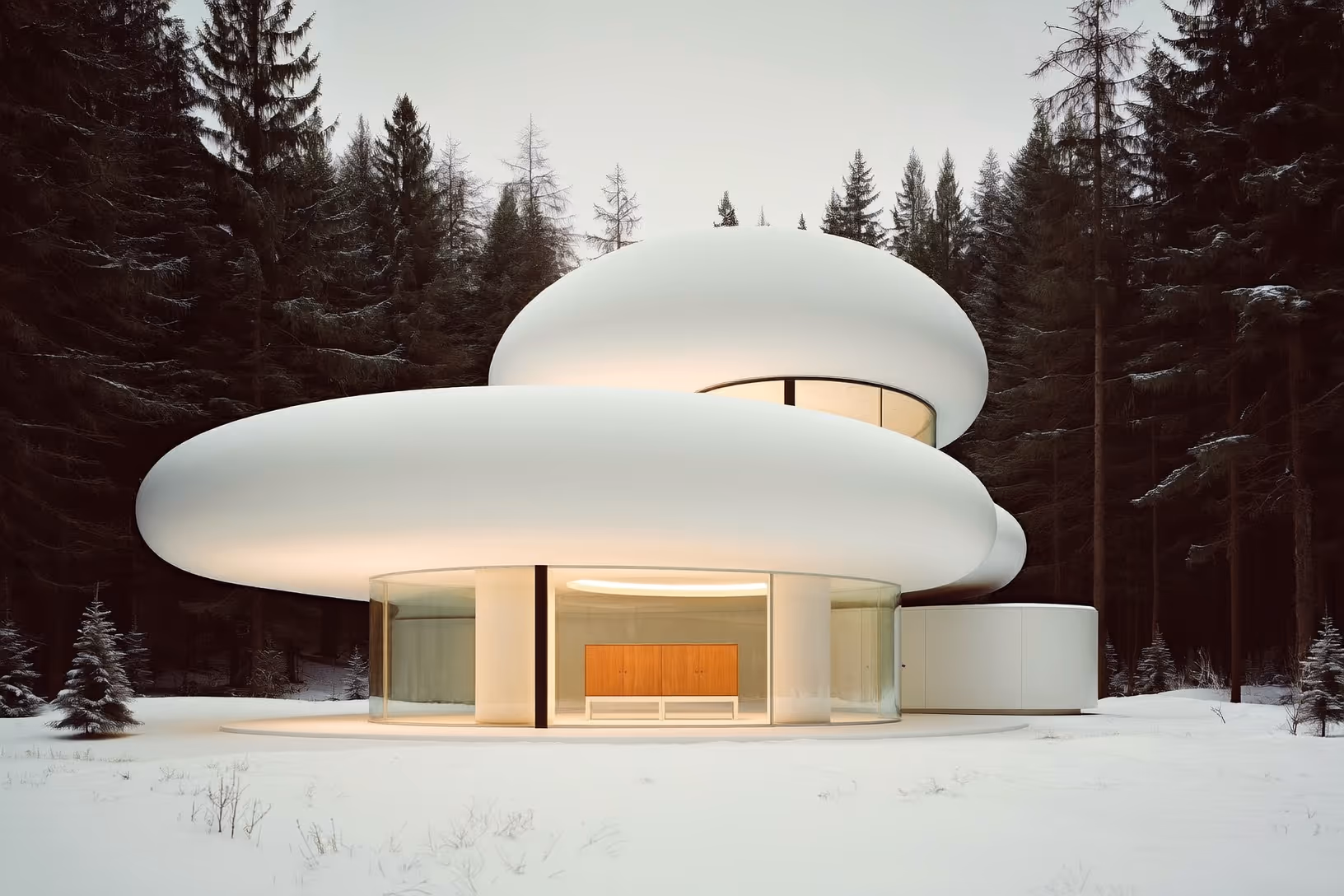 Maison aux volumes ovoïdes blancs empilés en spirale, rez-de-chaussée vitré avec intérieur bois, entourée de conifères sombres sous la neige.