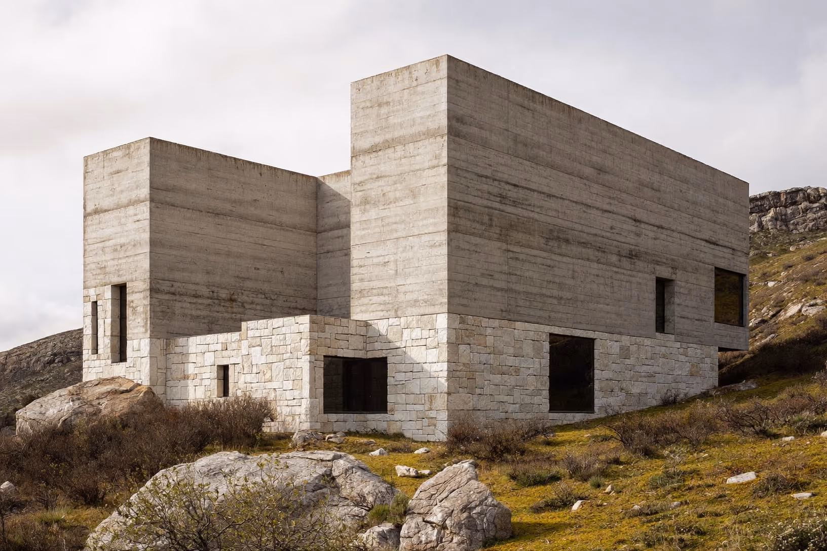 Deux volumes cubiques en béton banché reposant sur un soubassement en pierre de taille appareillée, au milieu d'un terrain rocailleux et de végétation rase, sous un ciel couvert.