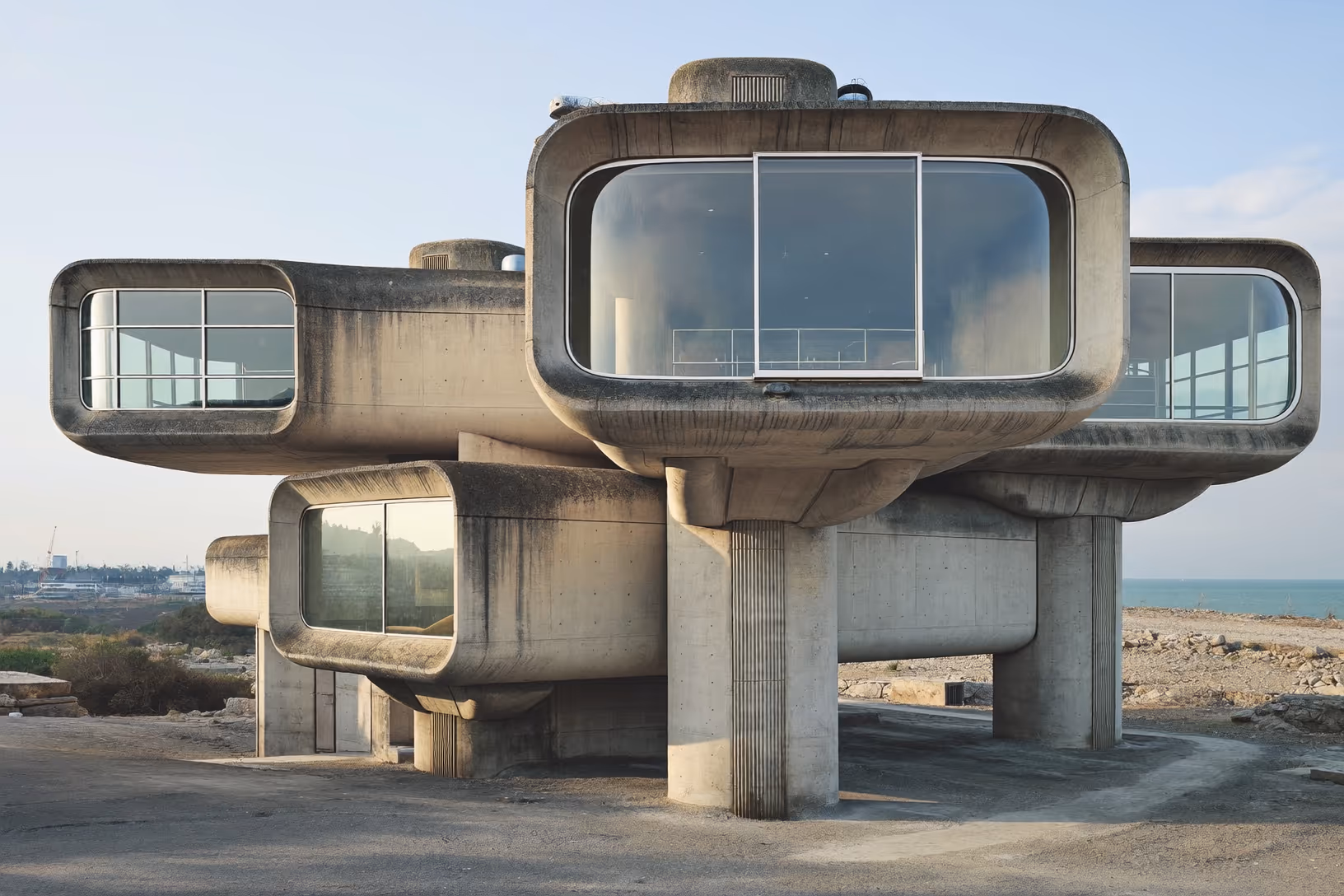 Bâtiment brutaliste en béton brut aux angles arrondis, porté sur des pilotis cannelés, avec de larges baies vitrées rectangulaires aux coins adoucis, posé sur un terrain pierreux et aride face à la mer.