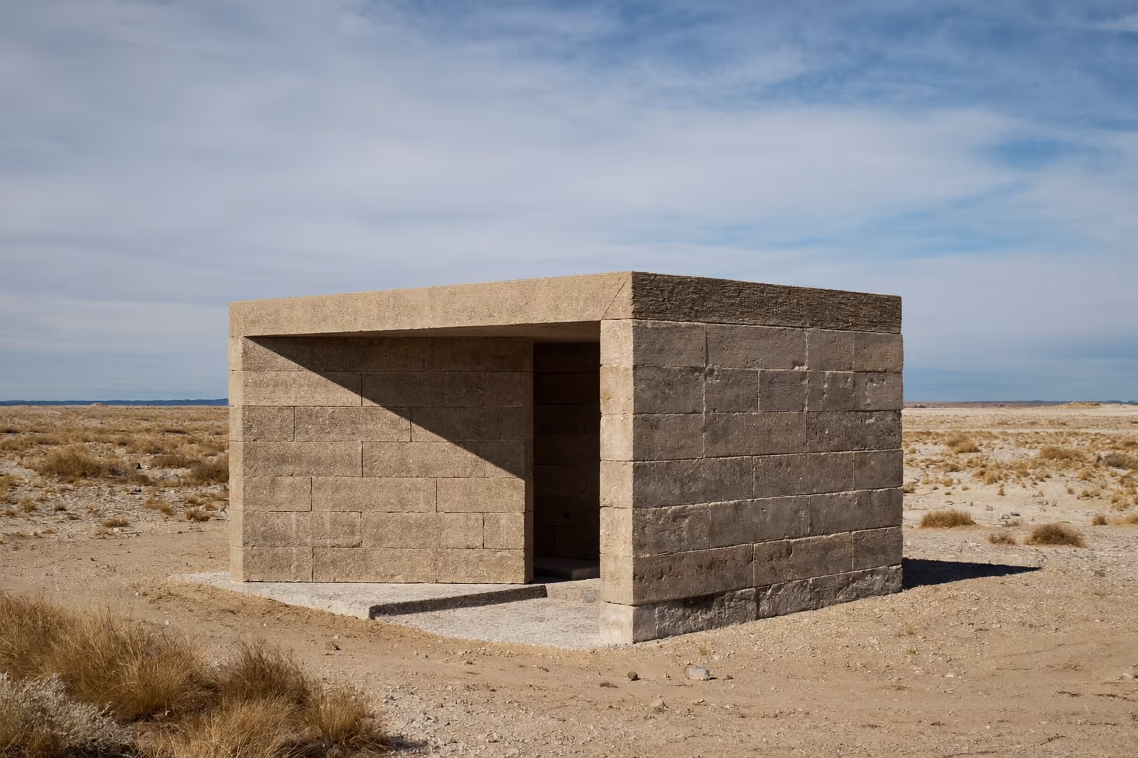 Un cube de blocs de pierre taillés posé sur un sol sablonneux désertique, avec une ouverture en retrait sur la façade avant créant une zone d'ombre profonde, ciel partiellement nuageux en arrière-plan.