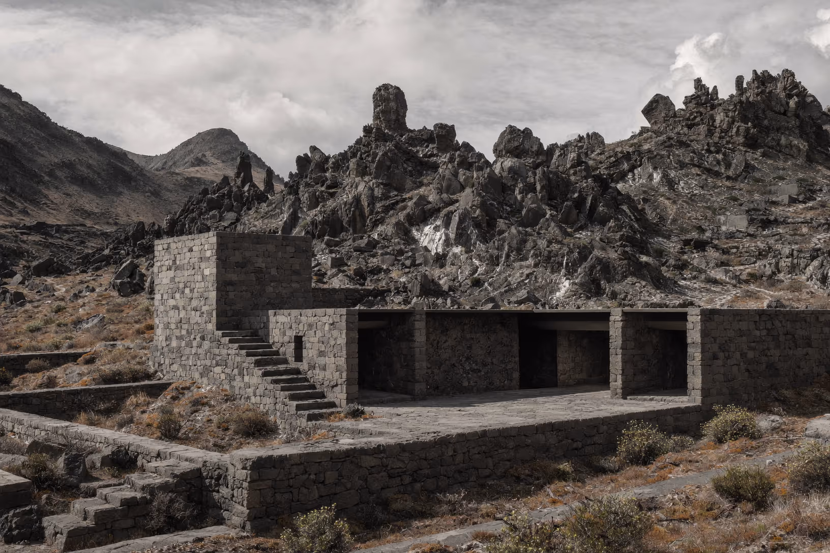 Édifice en blocs de pierre sombre avec terrasses étagées et escaliers extérieurs, au pied d'un chaos rocheux volcanique sous un ciel nuageux.