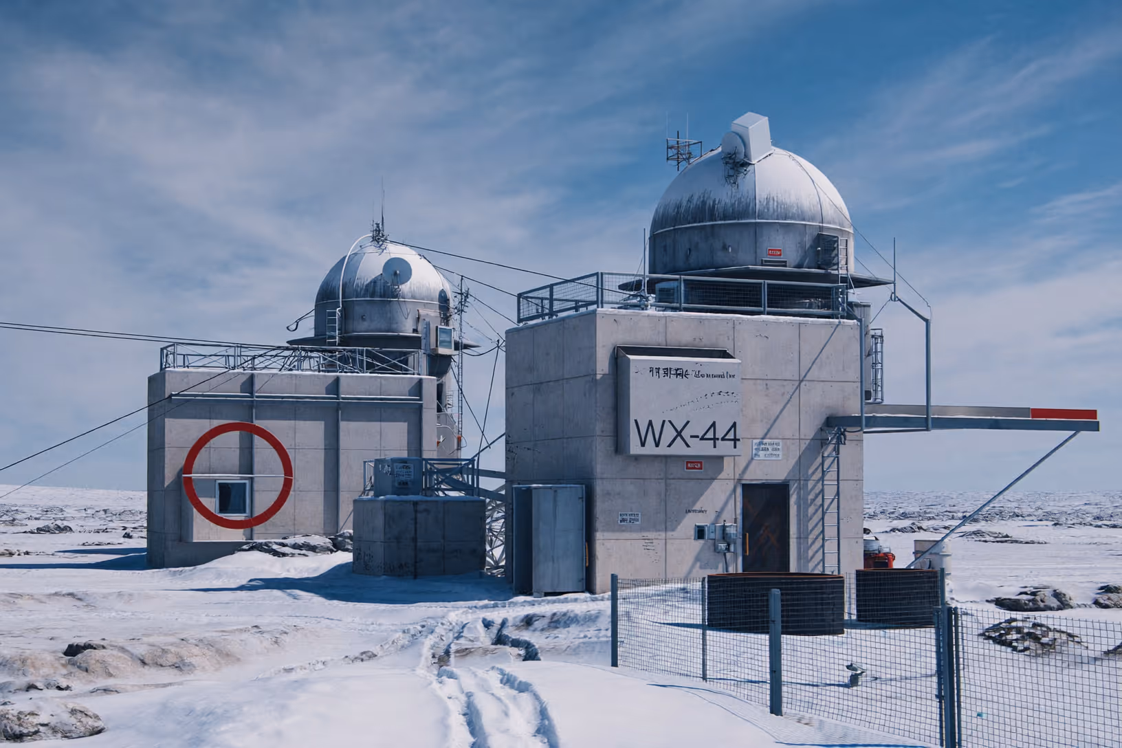 Deux bâtiments en béton coiffés de coupoles métalliques argentées, signalétique industrielle WX-44, posés sur un plateau enneigé et vide sous un ciel bleu clair.