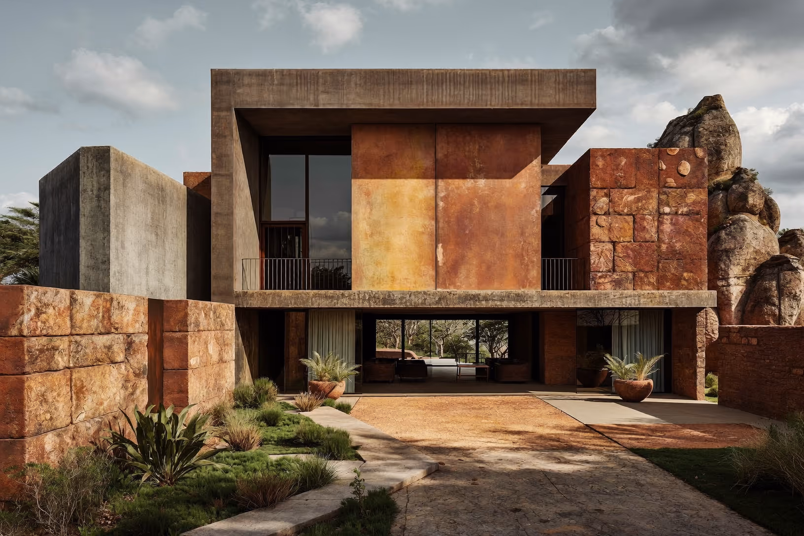 Façade d'une maison à deux niveaux composée de volumes en béton gris et d'enduits ocre-rouille oxydés, avec des blocs de granite naturel intégrés à droite, végétation arbustive sèche au premier plan, ciel nuageux.