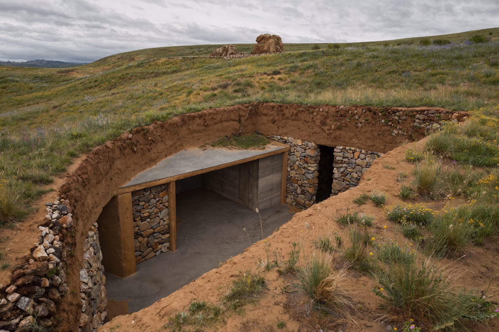 Structure enterrée en forme de fer à cheval creusée dans une prairie argileuse ocre, avec des murs de pierres sèches, des montants en bois brut et une toiture plate en béton ; la végétation herbacée entoure l'excavation sous un ciel couvert.