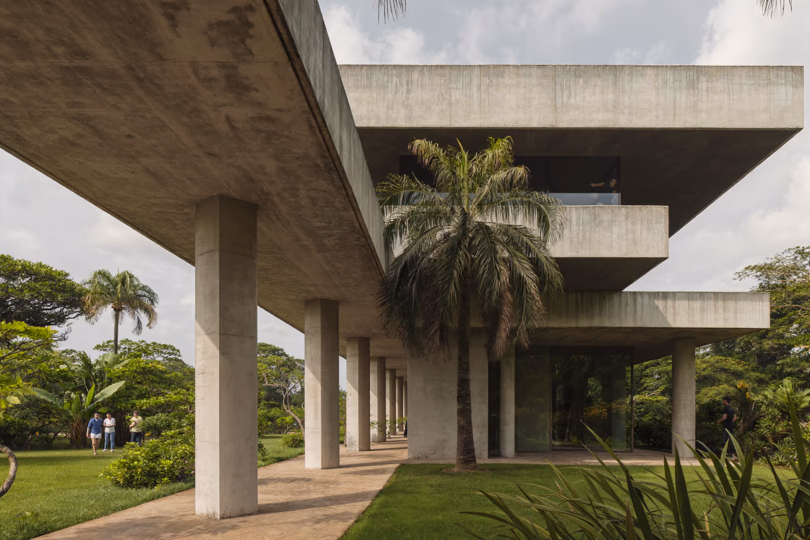Colonnade de piliers en béton brut portant deux dalles horizontales en porte-à-faux, traversée par un palmier, sur fond de végétation tropicale dense et de pelouse verte.