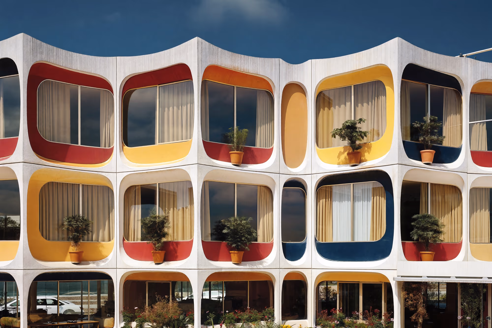 Façade d'un immeuble en béton blanc à trois niveaux, percée d'alvéoles carrées aux angles arrondis encadrées de liserés rouge, jaune, orange et bleu, avec des arbustes en pot dans certaines baies et une corniche ondulée en couronnement.