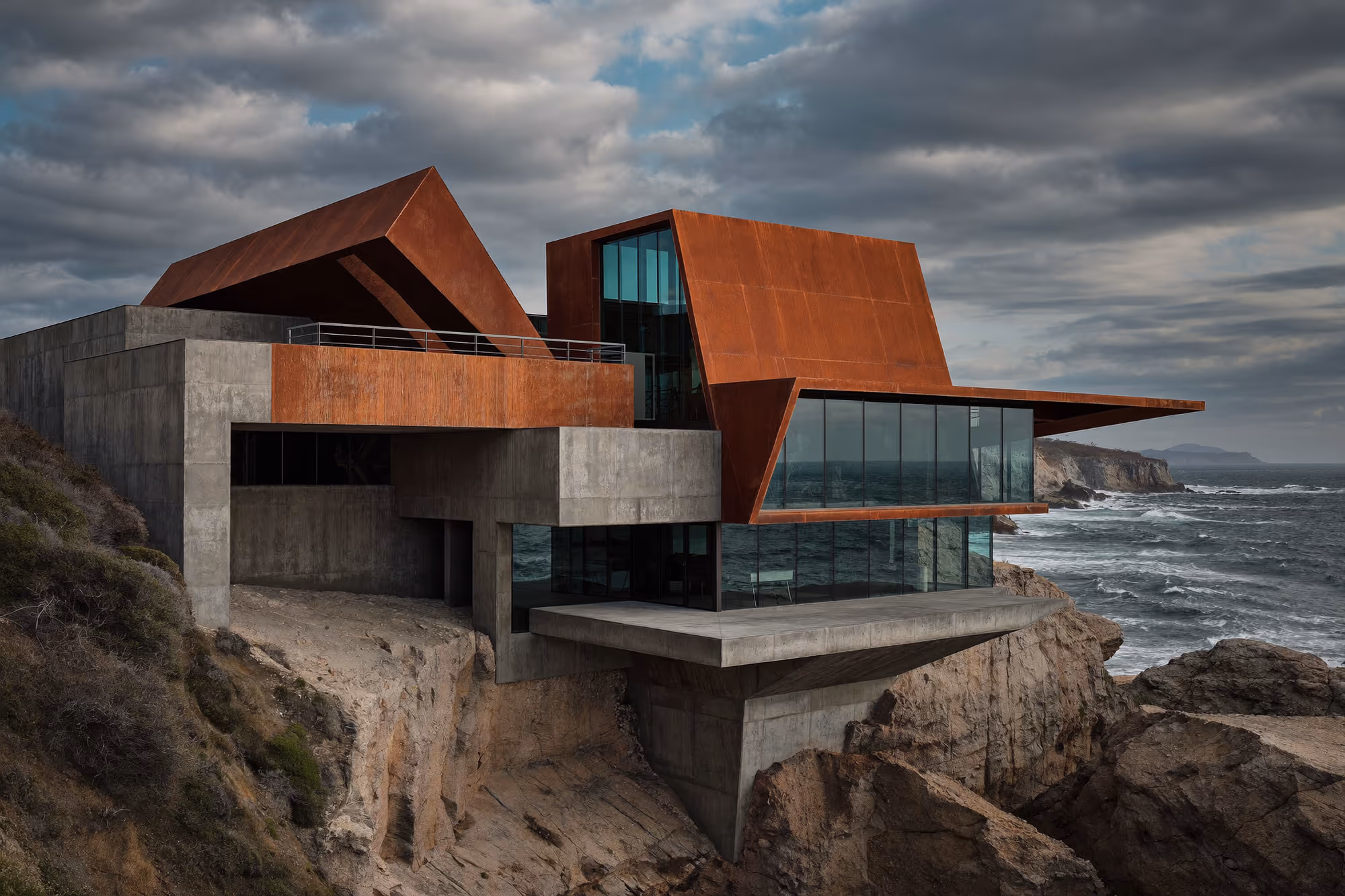 Maison à structure de béton apparent et toitures en acier corten oxydé, construite en surplomb d'une falaise rocheuse donnant directement sur un océan agité sous un ciel nuageux.