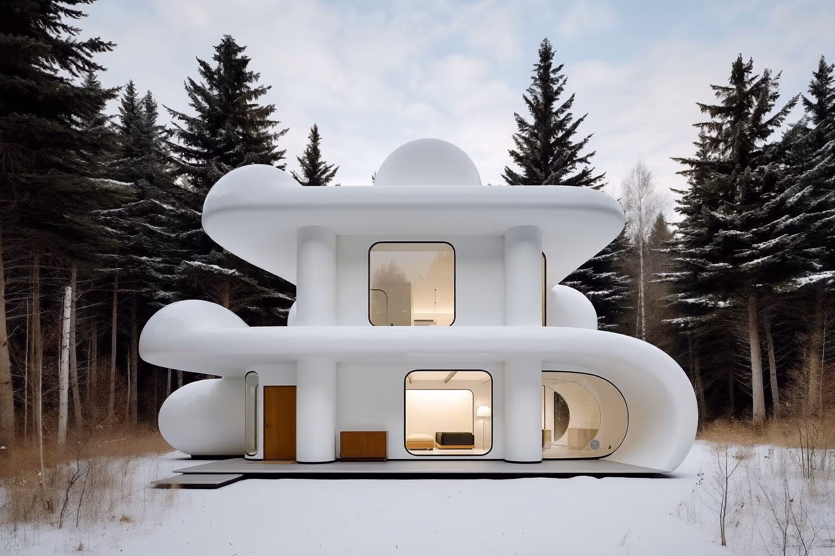 Maison aux volumes blancs arrondis et tubulaires posée dans un paysage enneigé, entourée de sapins et de bouleaux, avec des ouvertures à coins arrondis laissant voir un intérieur éclairé.