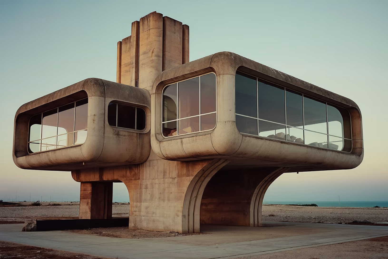 Structure en béton brut aux formes arrondies et organiques, surélevée sur des piliers arqués, posée dans un paysage désertique face à la mer sous une lumière de crépuscule.
