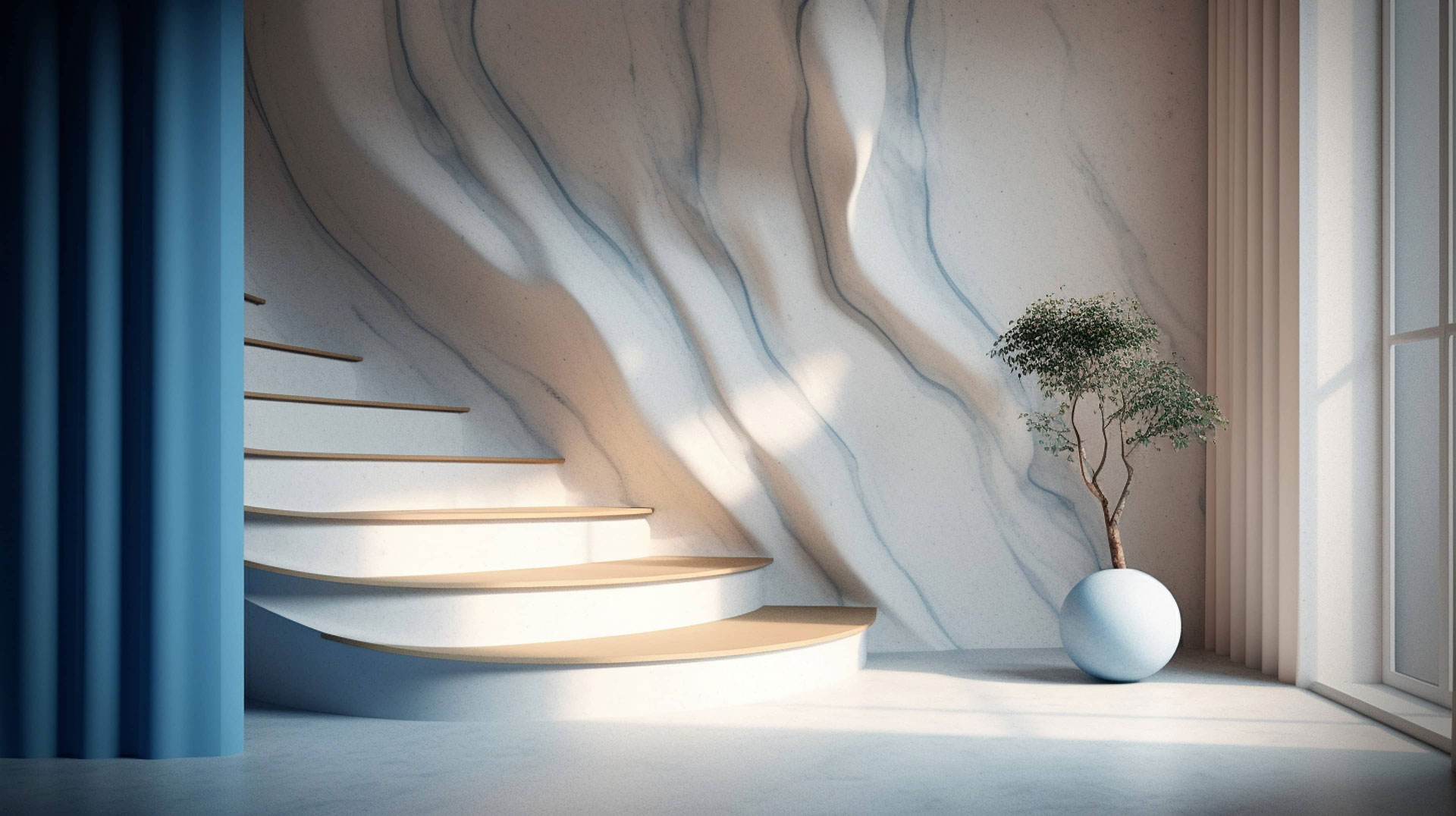 mur en marbre bleu pour habiller un escalier